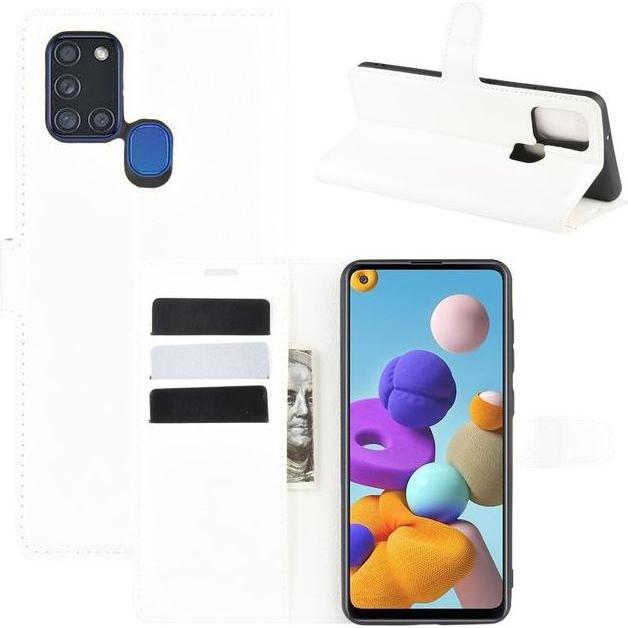 MU Classic Litchi Leder Bookcover Series (Samsung Galaxy A21s), Smartphone Hülle, Weiss