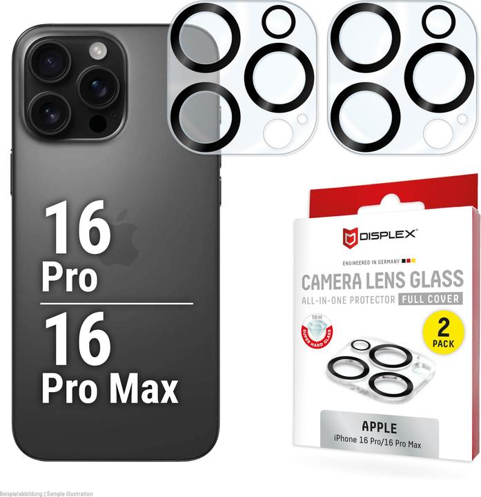 Displex Full Cover Camera Lens Glass, Kamera Schutzglas, Platte, Doppelpack (2 Stuk, Apple iPhone 16 Pro, Apple iPhone 16 Pro Max)