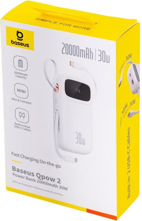 Immagine prodotto Baseus Powerbank QPow 2 20000mAh 30W 2xUSB-C (bianco) (20000 mAh, 30 W, 74 Wh)