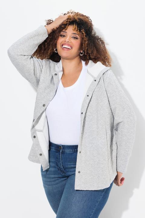Image du produit Ulla Popken Veste à capuche, motif torsadé et boutons-pression. Dos plus long. (58)