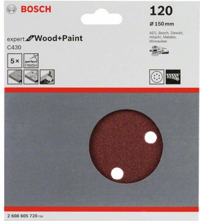 Produktbild Bosch Professional Zubehör Schleifblatt C430, 150 mm, 120, 6 Löcher, Klett, 5er-Pack (120)