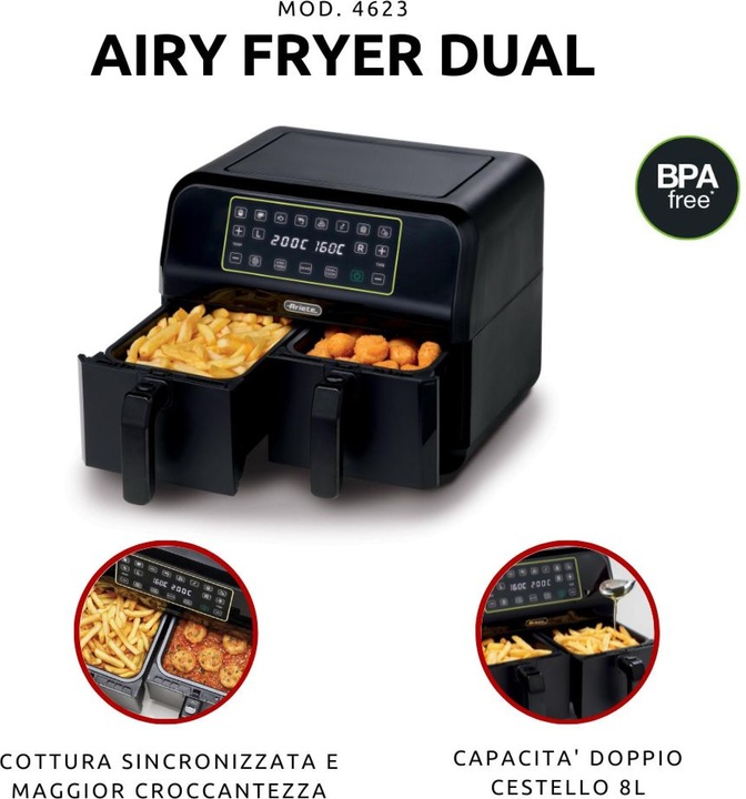 Immagine prodotto Ariete 4623 Airy Fryer Dual, Friggitrice ad aria con doppio cestello, 1700 W, Capacità 8L, 3 Funzioni di co