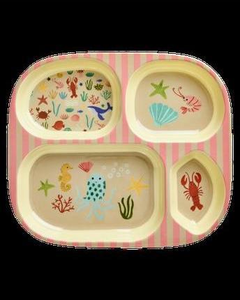 Actual product image Rice - Melamine Kids 4 Room Plate - Coral Ocean Print - Coral