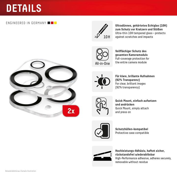 Produktbild Displex Full Cover Camera Lens Glass, Kamera Schutzglas, Platte, Doppelpack (2 Stück, Apple iPhone 15 Plus, Apple iPhone 15)