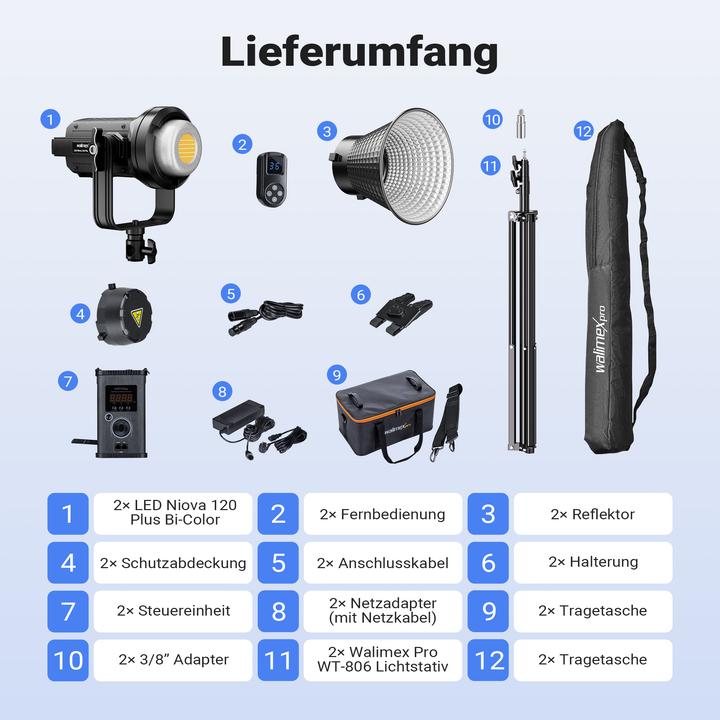 Produktbild Walimex pro LED Niova Plus 120 W + Stativ 2er Set Lichtstativ Flächenleuchte (Flächenleuchte)
