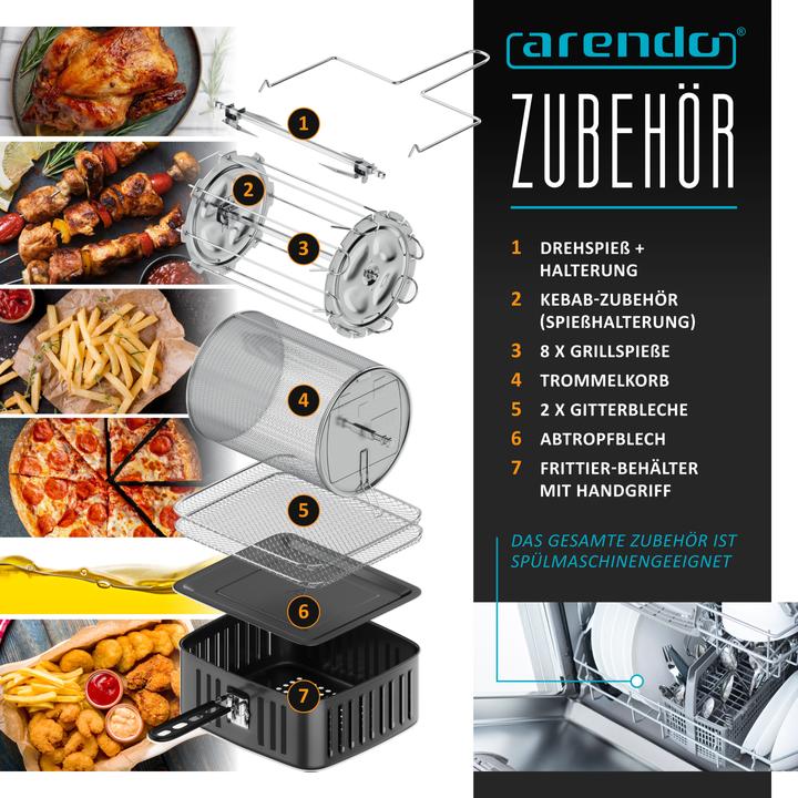 Produktbild Arendo Heissluftfritteuse mit Zubehör, Airfryer 12 L, 3in1 Edelstahl Heissluftfritteuse XXL, 1800 W