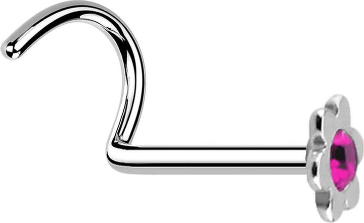 Produktbild Star Piercing Nasenstecker gebogen silber mit Blume und Kristall pink (ohne Messing, Chirurgenstahl 316L)