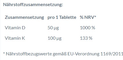 Nutritional values and ingredients Doppelherz system Vitamin D3 + K2 2000 Tablets, 120 Tablets (120 Piece, Pills)