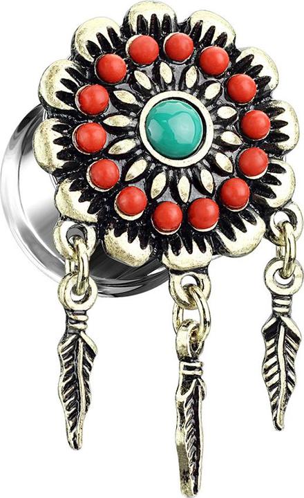 Produktbild Star Piercing Flared Plug Tribal Blume mit Anhänger (Messing, Chirurgenstahl 316L)