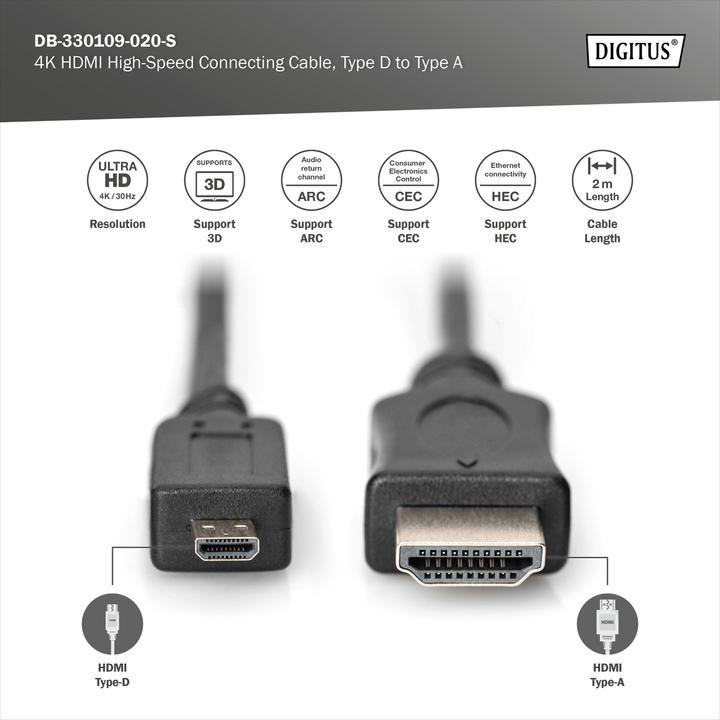 Produktbild Digitus HDMI High Speed Verbindungsk. Typ-D auf Typ-A (2 m, HDMI, 1.4)