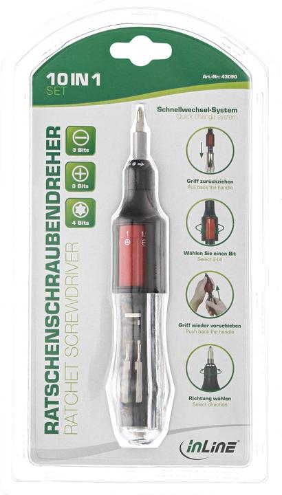 InLine ® Cacciavite a cricchetto 10-IN-1 mini, sistema di cambio rapido dei bit con porta bit magnetico