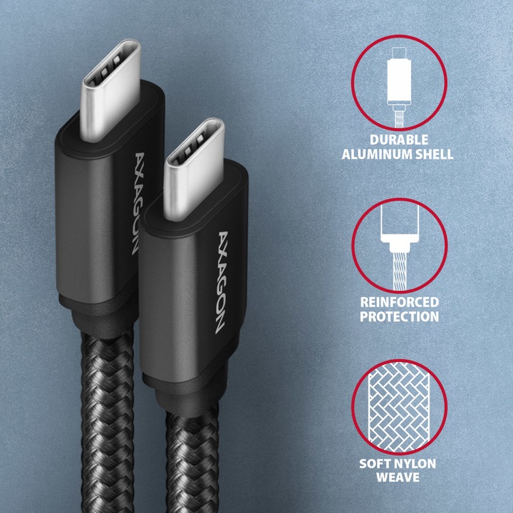Productafbeelding Axagon BUCM3-CM30AB USB-C naar USB-C kabel 3.2 Gen 1, 3 m, PD 60W, 3A, gevlochten - zwart (3 m, USB 3.2 Gen 1)