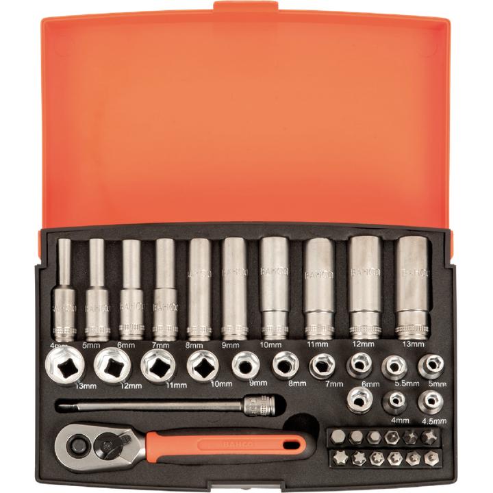 Produktbild Bahco 1/4"-Steckschlüssel-Satz, metrisch, Sechskant inklusive Schraubendreher-Bits -37-teilig (13 mm)