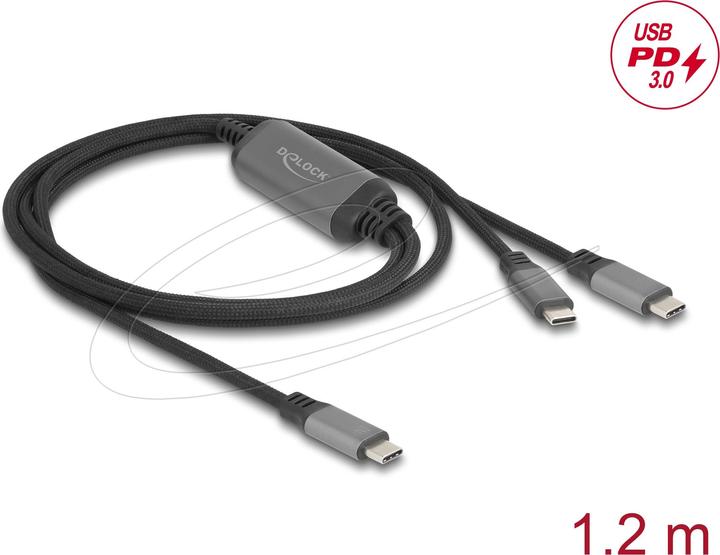 Image du produit Delock 81271 - Câble USB-C en Y 1 x mâle vers 2 x mâle PD 3.0 100 W, 1,2m (1.20 m, USB 2.0, 100 W)