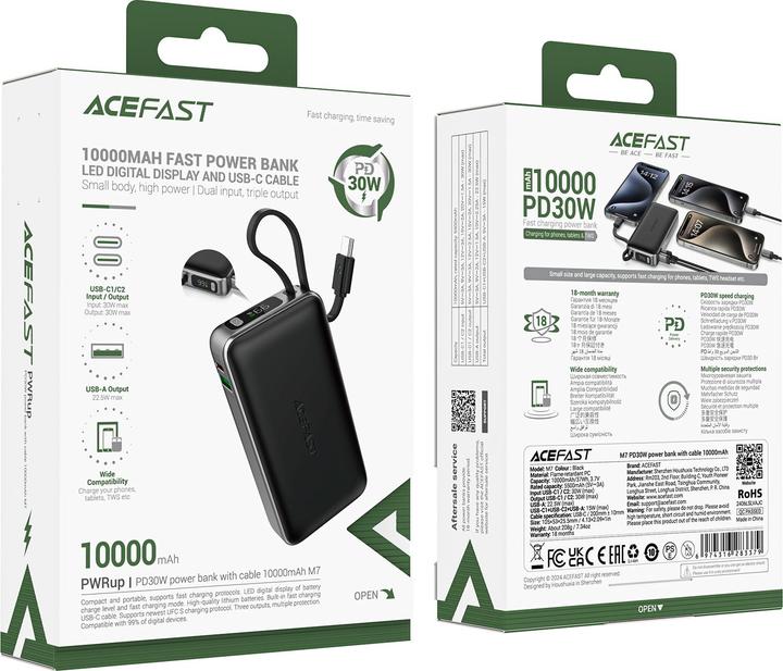 Actual product image Acefast M7-10000 PD30W Powerbank with Built-in Cable - Black (10000 mAh, 30 W, 37 Wh)