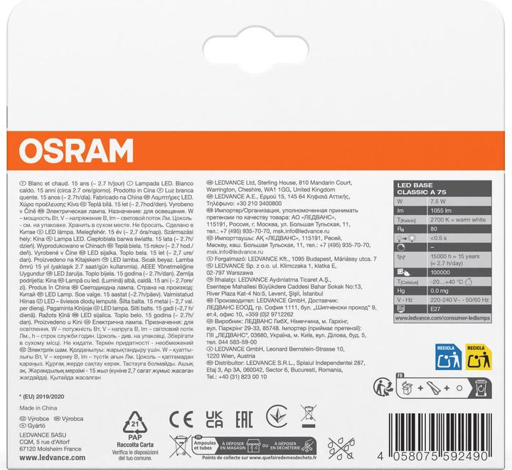 Immagine prodotto Osram Base Led Classic A (E27, 7.50 W, 1055 lm, 3 x, D)