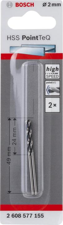 Produktbild Bosch Professional Zubehör Metallspiralbohrer HSS PointTeQ, DIN 338, 2,0 mm, 2er-Pack (2 Millimeter, 2 mm)