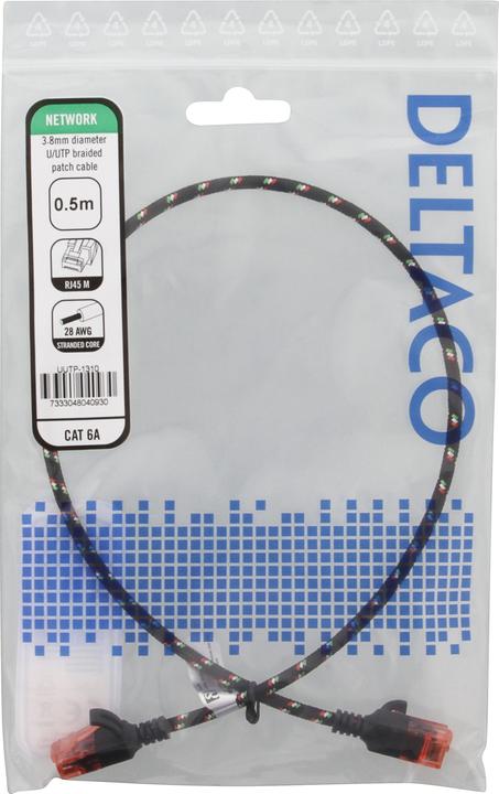 Actual product image Deltaco Tough Slim CAT.6A U/UTP Patch Cable 28AWG 3.8mm 0.5m Black (U/UTP, CAT6a, 0.50 m)