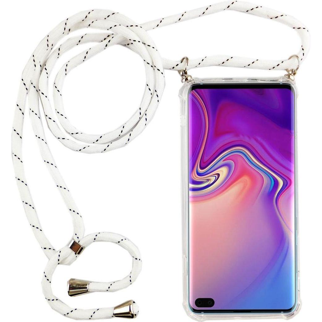 König Design Handykette für Samsung Galaxy S10 Plus mit Band Case zum umhängen Kordel Weiss, Handykette, Transparent