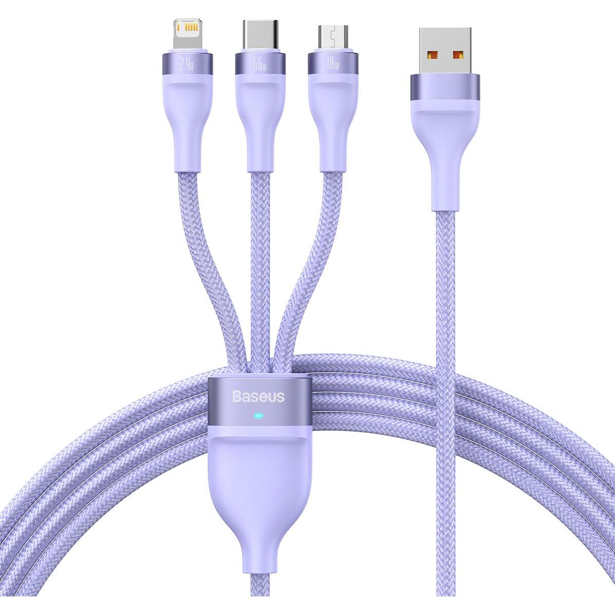 Baseus Flash Series Ⅱ One-for-three Fast Charging Data Cable USB to M+L+C 66W 1.2m Purple (1.20 m, USB 2.0), USB Kabel