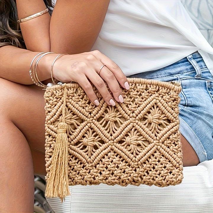 Produktbild Only-Bags.Store Straw Woven Clutch Bag, Hollow Out Clutch Purse, Casual Summer Beach Travel Purse