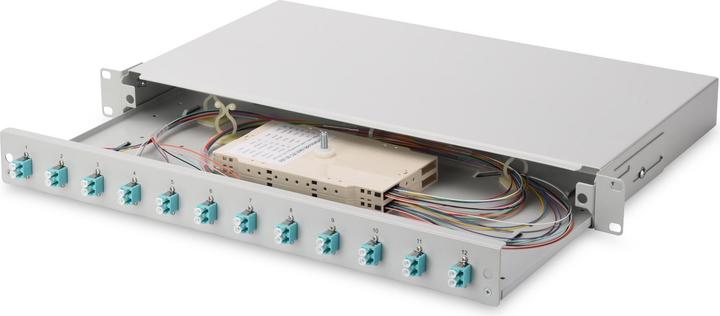 Actual product image Digitus Extendable fiber optic splice box 1U Equipped 12xLC duplex incl. M 25 screw splice cass..