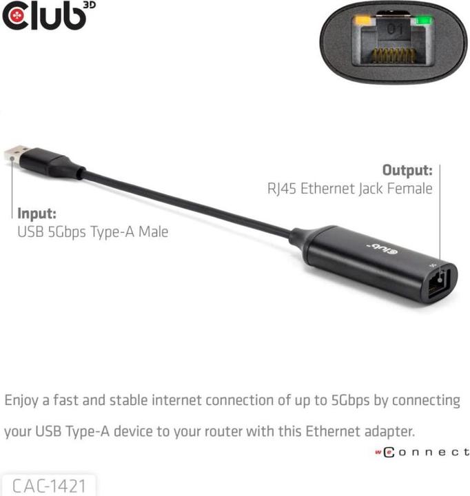 Produktbild Club 3D USB-A to RJ45 5Gbps Ethernet adapter (RJ45, USB 3.0, RJ45 (1x))