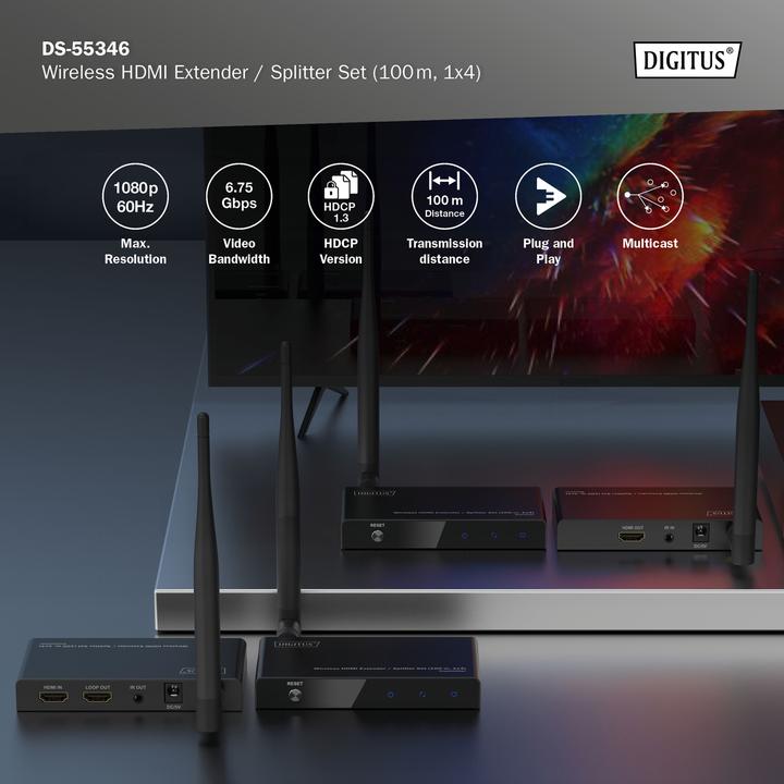 Produktbild Digitus Wireless HDMI Extender / Splitter Set (100 m, HDMI 1.4a)