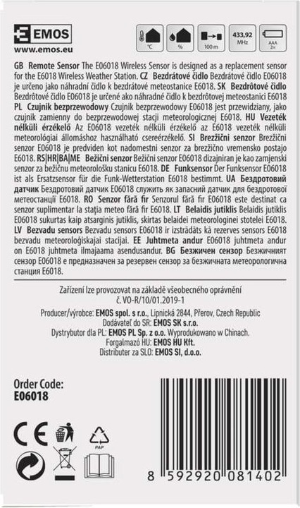 Productafbeelding Emos Draadloze sensor voor weerstation E6018, E6016