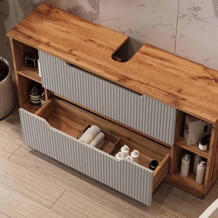 Actual product image Vicco Waschbeckenunterschrank Lotta, Eiche/grau gestreift, 119.2 x 62.5 cm mit 2 Schubladen (119.20 x 32 x 62.50 cm)