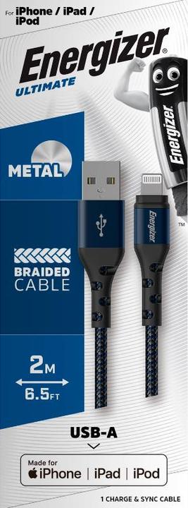 Actual product image Energizer Metal / braided nylon cable - Lightning - 2m, blue (2 m, USB 3.2 Gen 1)