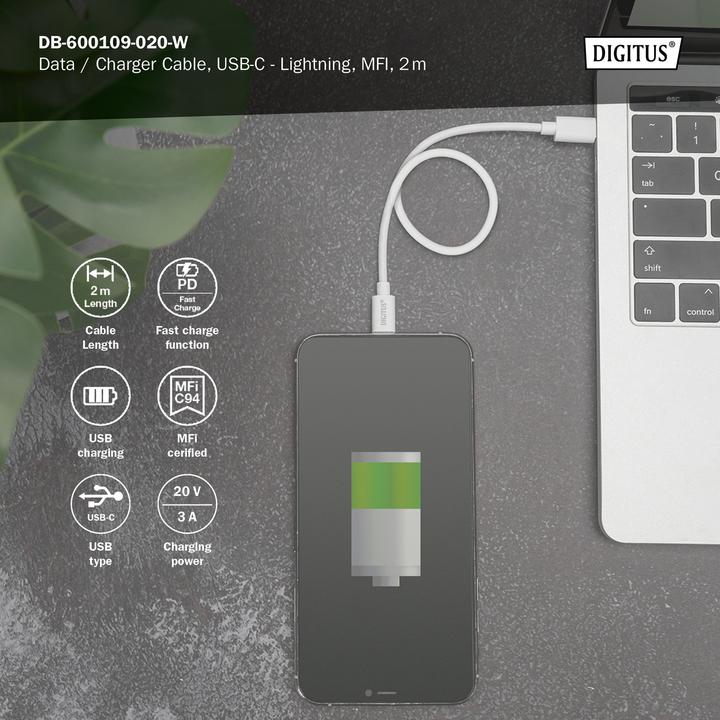 Image du produit Digitus USB type C - Lightning (2 m, USB 2.0, 18 W)