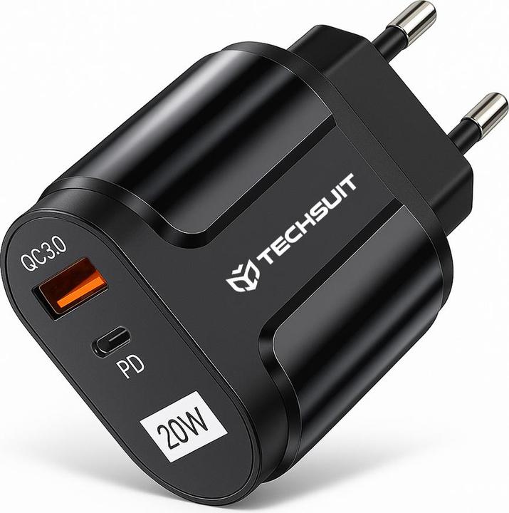 Techsuit - Wall Charger Premium (CHPD038) - USB-A, QC 3.0, USB-C, 20W - Black (20 W, 2 ports)