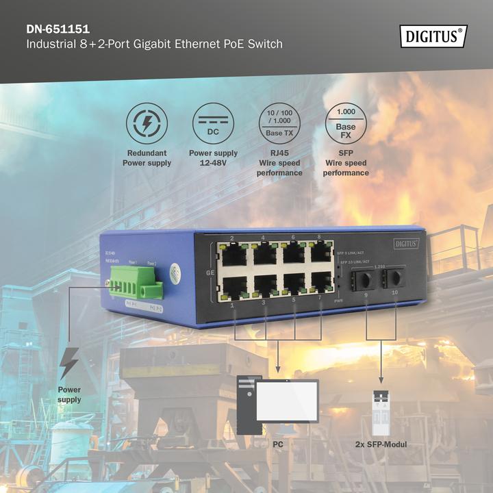 Produktbild Digitus Industrial 8 + 2 -Port Gigabit Ethernet PoE Switch (10 Ports)