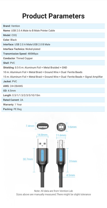 Image du produit Vention Câble USB 2.0 A mâle vers USB-B mâle avec noyau en ferrite COQBL 10m Noir PVC (10 m, USB 2.0)
