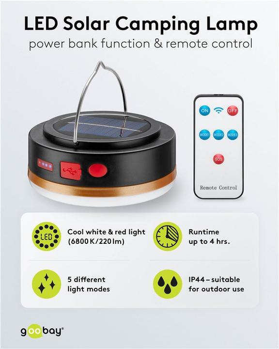 Image du produit Goobay Lampe de camping solaire à LED avec batterie rechargeable