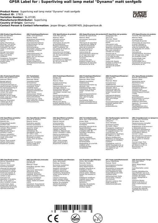 Nutritional values and ingredients Superliving Wall lamp metal "Dynamo" matt mustard yellow (E14)