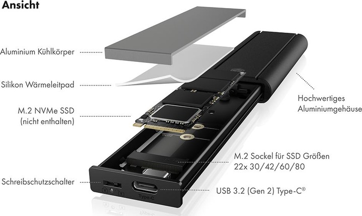 Productafbeelding Icy Box IB-1807MT-C31 M.2 NVMe SSD Behuizing, USB 3.2 (Gen2) Type-C, aluminium (M.2)