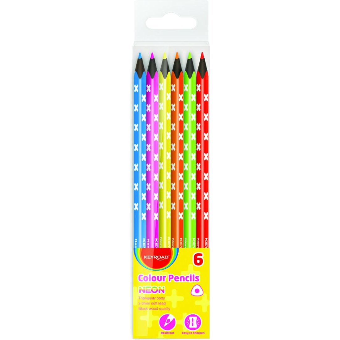 Keyroad, Matite, Pastelli a matita, triangolari, legno nero, neon, 6 pezzi, ciondolo, vari colori (6 x)