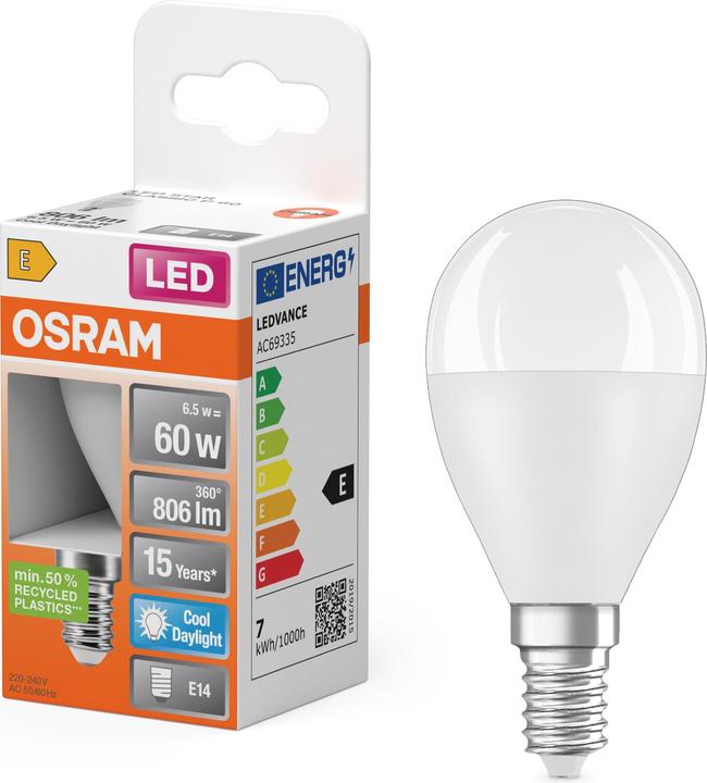 Actual product image Osram 4099854023125 LED EEK F (A - G) E14 Globe (mini) 7 W = 60 W Cold white (Ø x (E14, 806 lm, 1x)