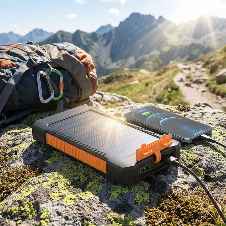 Actual product image Ideoon Solar-Powerbank, 8.000 mAh, IP65, 2x USB-A, Typ-C-Input, LED-Leuchte (8000 mAh)