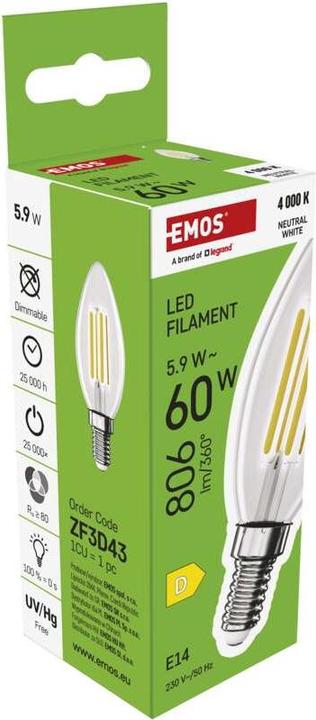 Produktbild Emos LED Lampe Filament Candle / E14 / 5,9 W (60 W) / 806 lm / Neutral Weiss (E14, 806 lm, 1x)