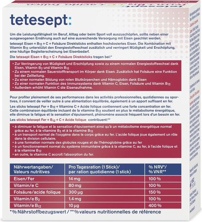 Nährwerte und Zutaten Tetesept Eisen + B12 Direktstick (20 Stück, Pulver, 67 g)