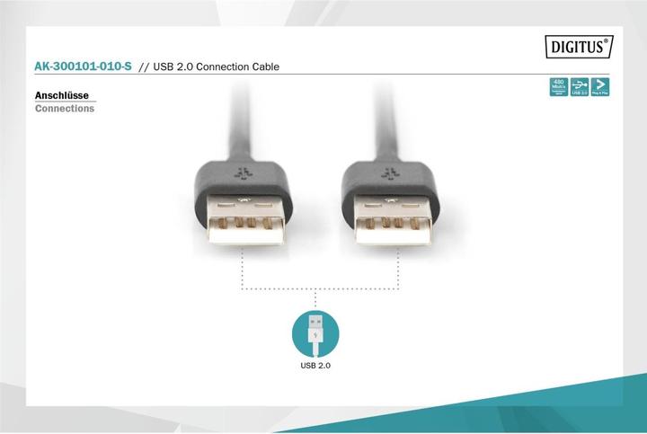 Productafbeelding Digitus USB2.0 aansluitkabel, 1 m (1 m, USB 2.0, 2.50 W)