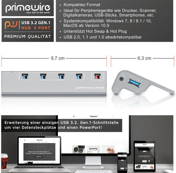 Produktbild Primewire 5 Port USB 3.2 Gen.1 Hub Aktiv mit Netzteil & USB Kabel, USB 3.0 Datenhub 5 Gbit/s, USB smart charge (5 Ports)