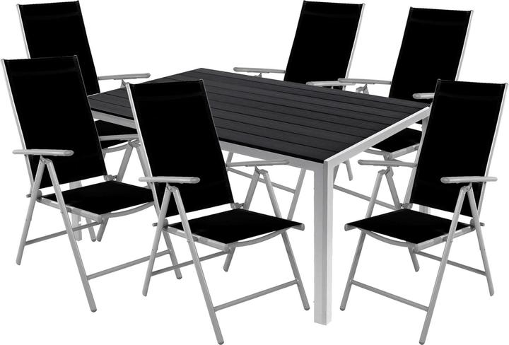 Mojawo 7pcs Garden Furniture Set Alu Non-Wood 180x90x74cm + 6 Folding Chairs Silver/Black (180 cm)
