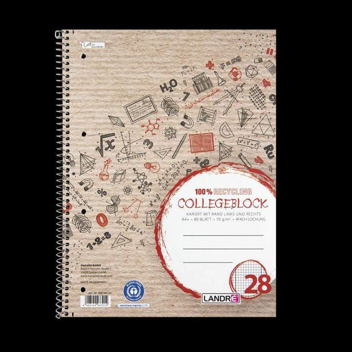 Image du produit Landré Collegeblock Recycling Lineature 28 quadrillé DIN A4 Bords intérieurs et extérieurs (A4, Quadrillé, Couverture rigide)