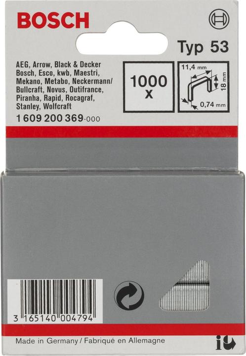 Image du produit Bosch Professional Zubehör Agrafe à fil fin type 53. 11.4 x 0.74 x 18 mm. 1000
