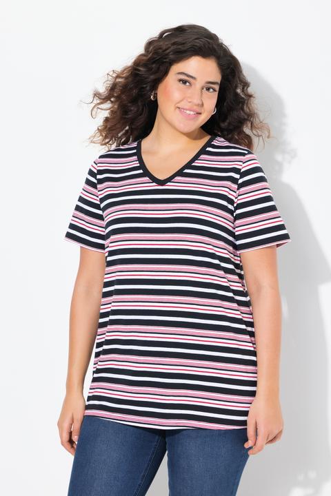 Actual product image Ulla Popken Colorful Striped Short Sleeve V-Neck Tee (56)