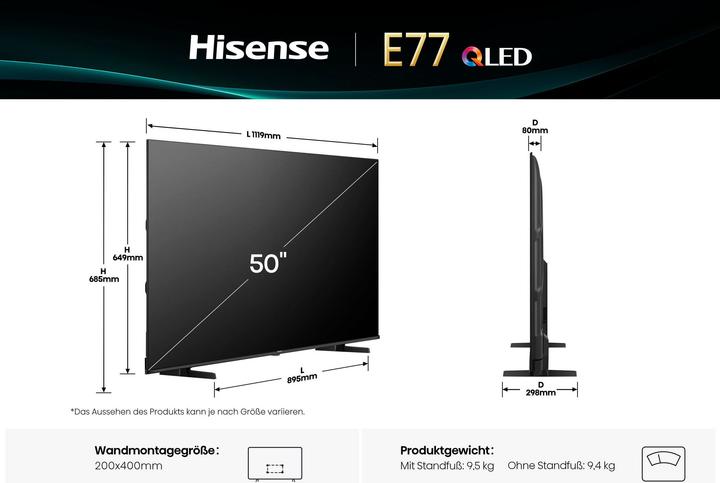 Produktbild Hisense TV 50E77Q Pro QLED-TV UHD,Multituner,Smart,DolbyVisionIQ,HDR10 (50", QLED, 4K, 2025)